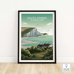 Minimalist South Downs National Park poster with cliffs and coastal landscape in green tones.
