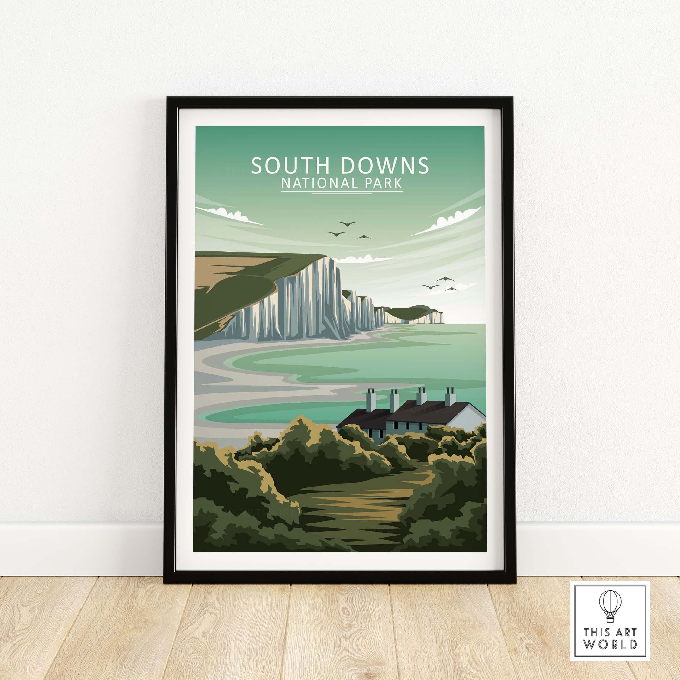 Minimalist South Downs National Park poster with cliffs and coastal landscape in green tones.