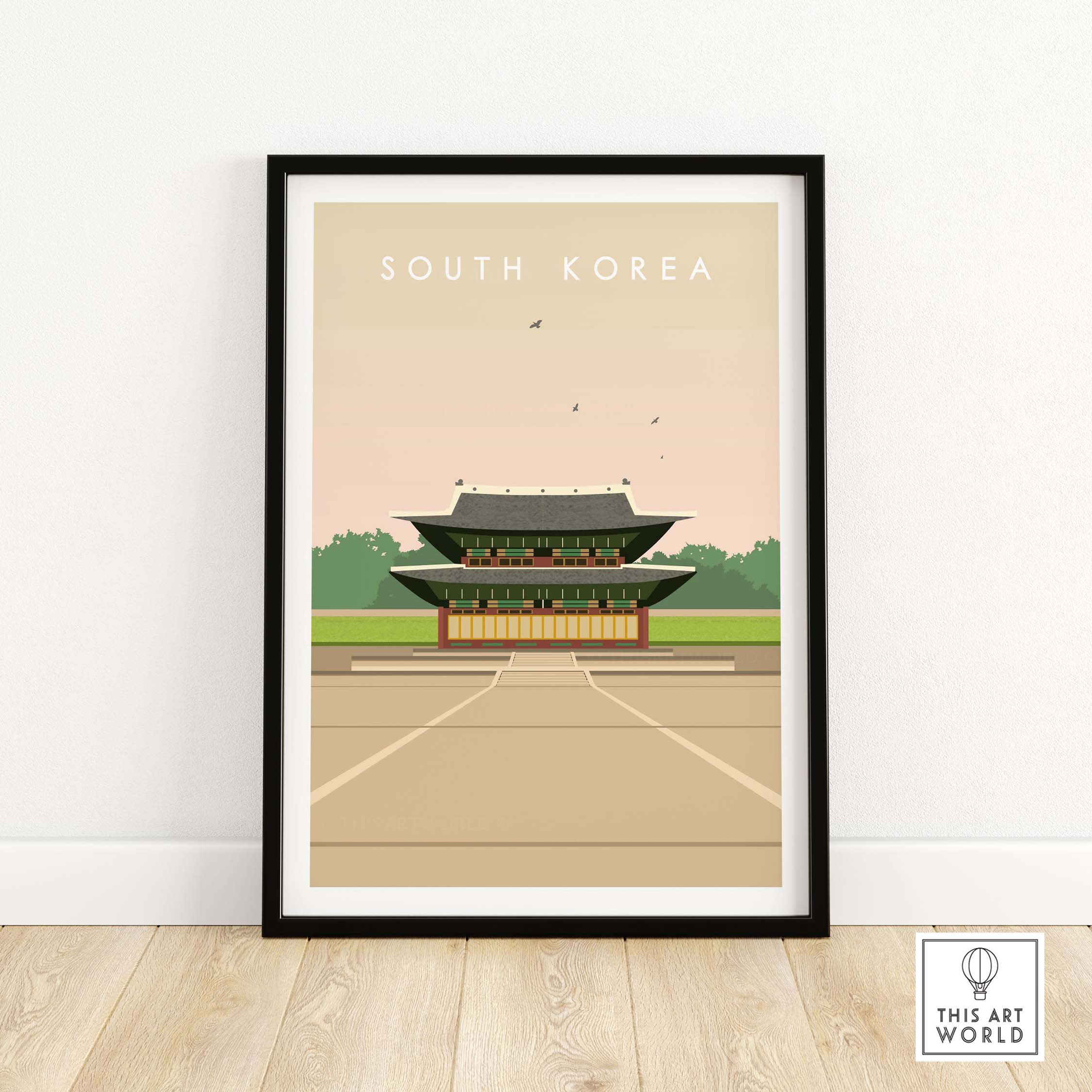 South Korea poster print featuring an iconic building, framed wall art for stylish home decor.