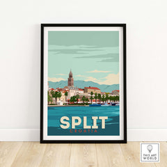 Split Croatia vintage travel poster wall art featuring coastal scenery and historic architecture.