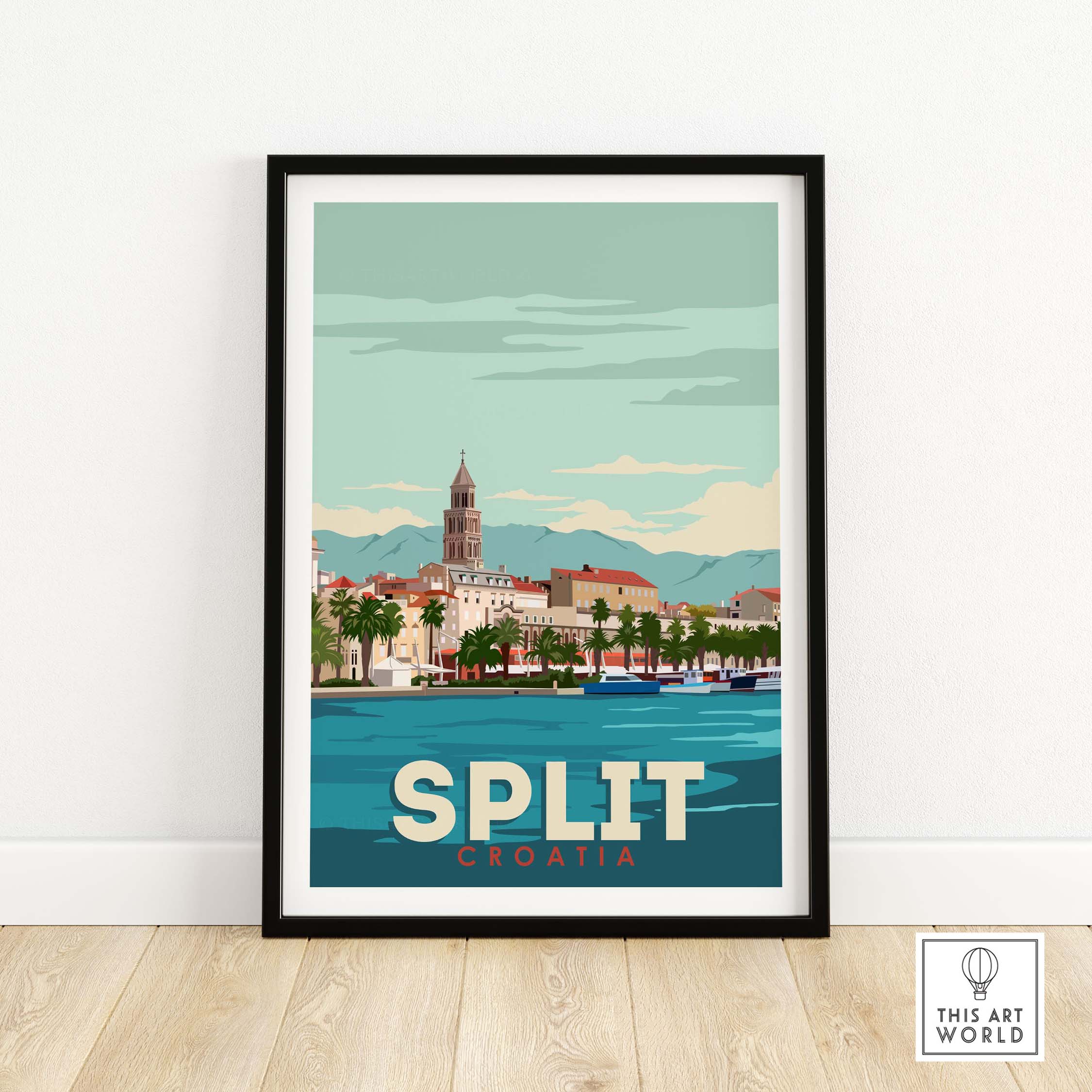 Split Croatia vintage travel poster wall art featuring coastal scenery and historic architecture.