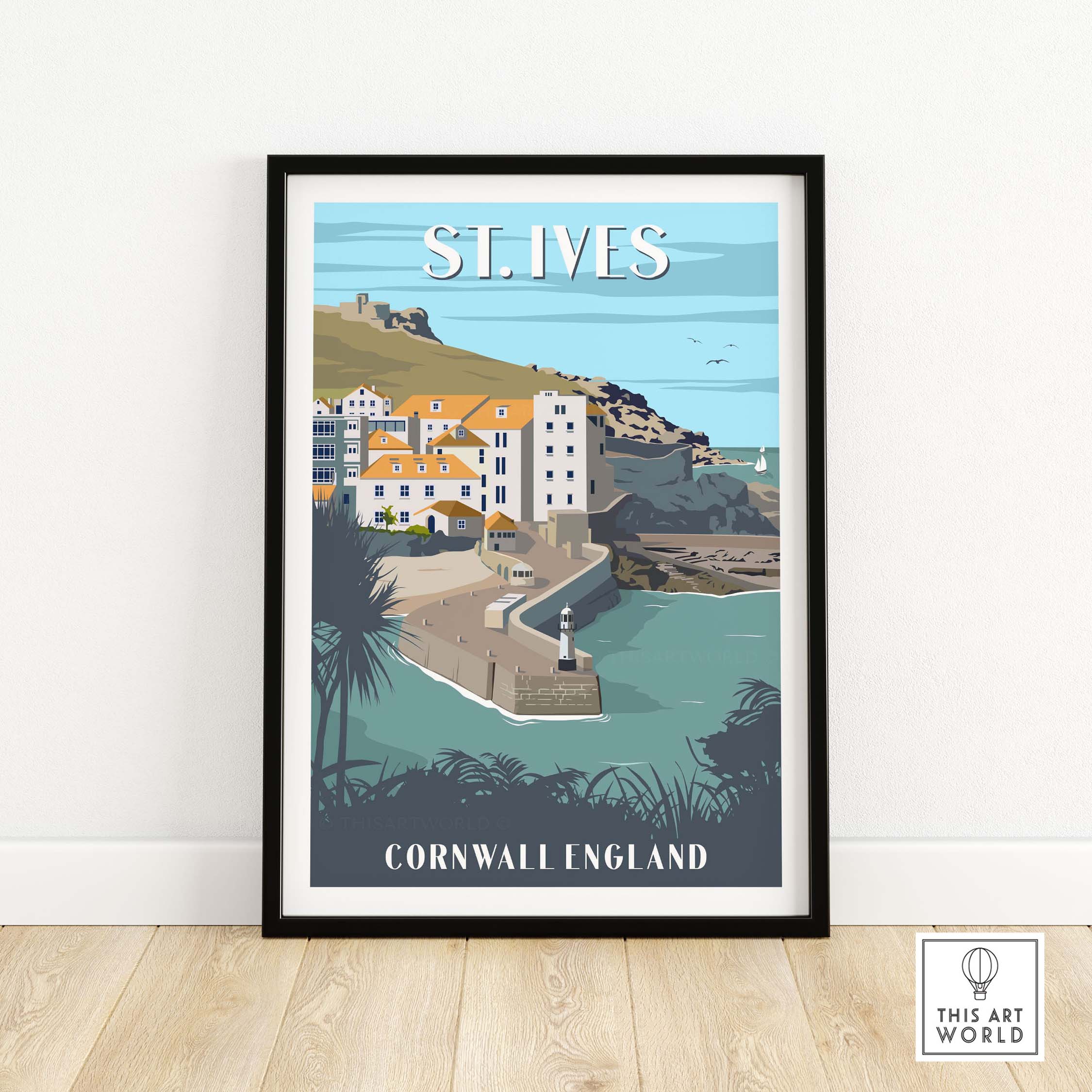 St Ives Poster Cornwall Print featuring coastal scenery and minimalist design in a framed artwork.