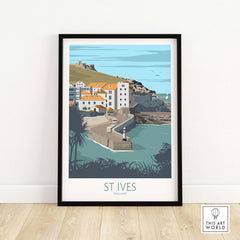Cornwall Poster St Ives Print featuring colorful coastal houses and serene waters, ideal for travel art lovers.
