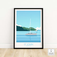 Virgin Islands Poster St John Print featuring a sailboat and serene landscape, perfect for travel-inspired wall decor.