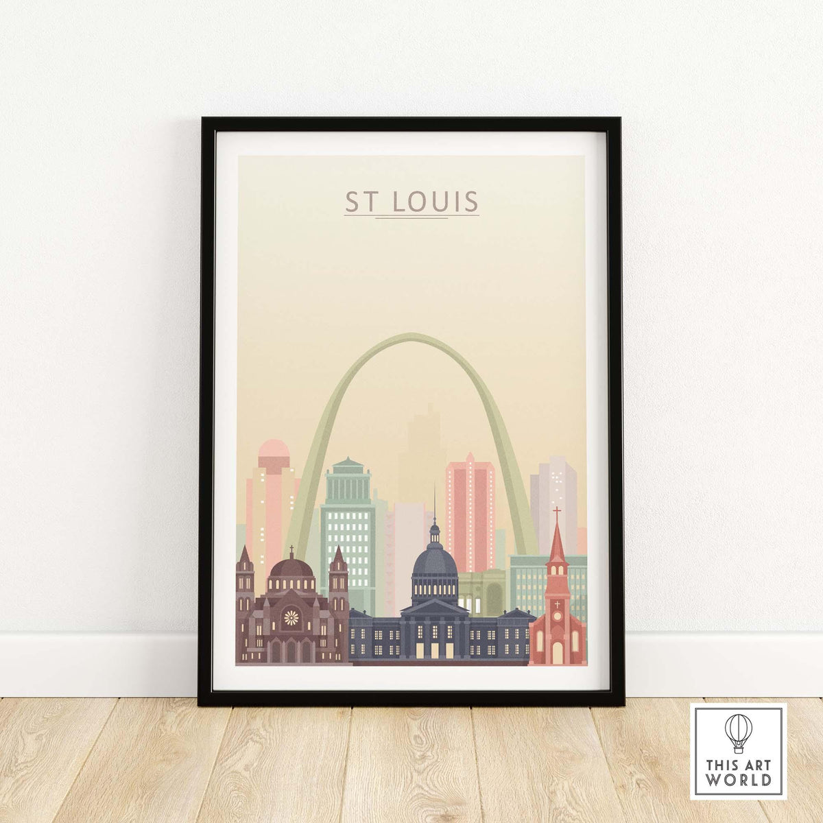 St Louis City Skyline Wall Art Print, featuring iconic architecture in pastel tones, framed for stylish home decor.