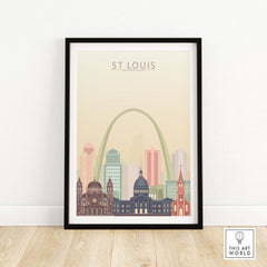 St Louis City Skyline Wall Art Print, featuring iconic architecture in pastel tones, framed for stylish home decor.