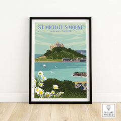 St Michael's Mount print featuring a serene coastal view of Cornwall, framed artwork showcasing vintage travel style.