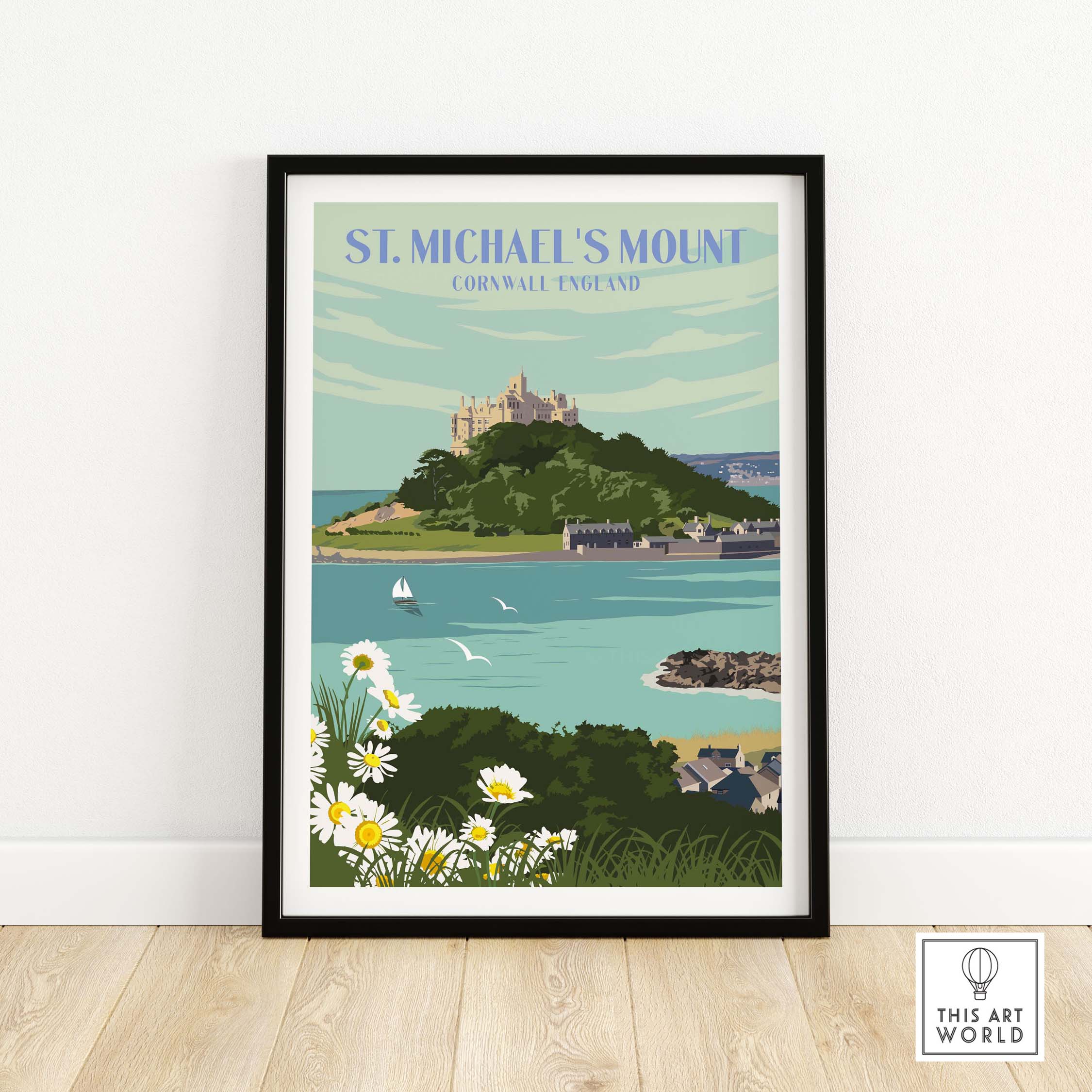 St Michael's Mount print featuring a serene coastal view of Cornwall, framed artwork showcasing vintage travel style.