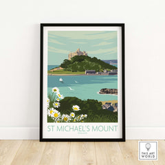 Framed Cornwall Print of St Michael's Mount, featuring vintage travel art inspired by nature and coastal scenery.
