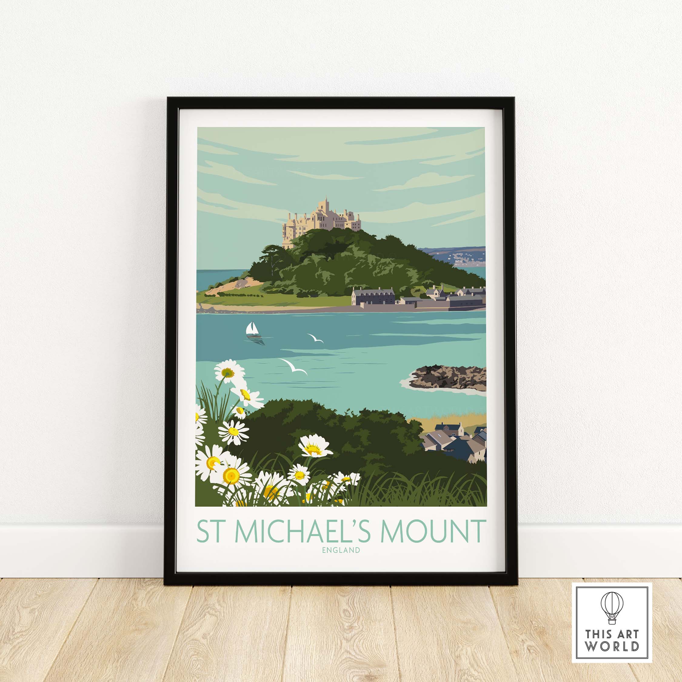 Framed Cornwall Print of St Michael's Mount, featuring vintage travel art inspired by nature and coastal scenery.