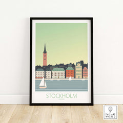 Stockholm Print Sweden Poster featuring colorful buildings and a sailboat on water, perfect for travel art decor.