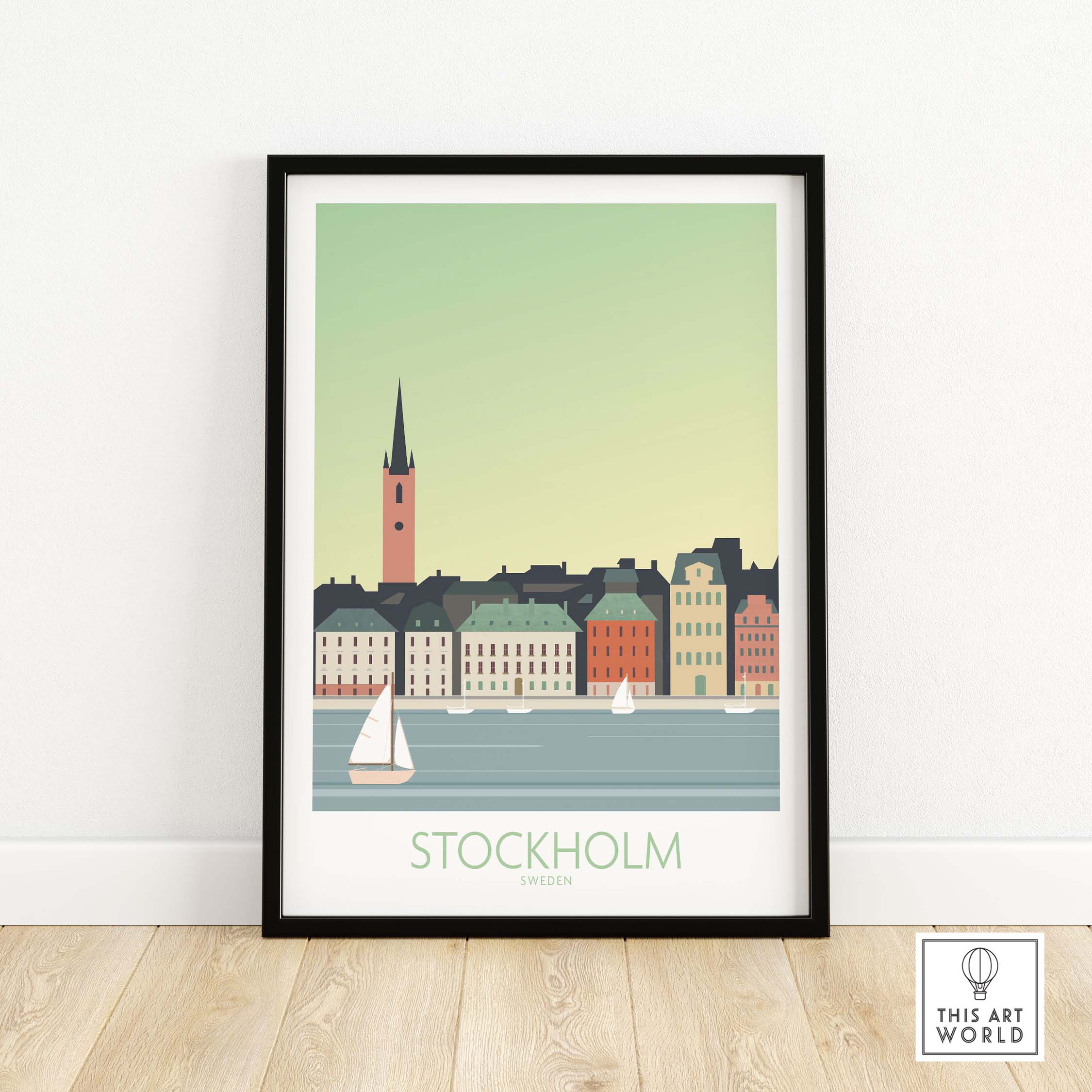 Stockholm Print Sweden Poster featuring colorful buildings and a sailboat on water, perfect for travel art decor.