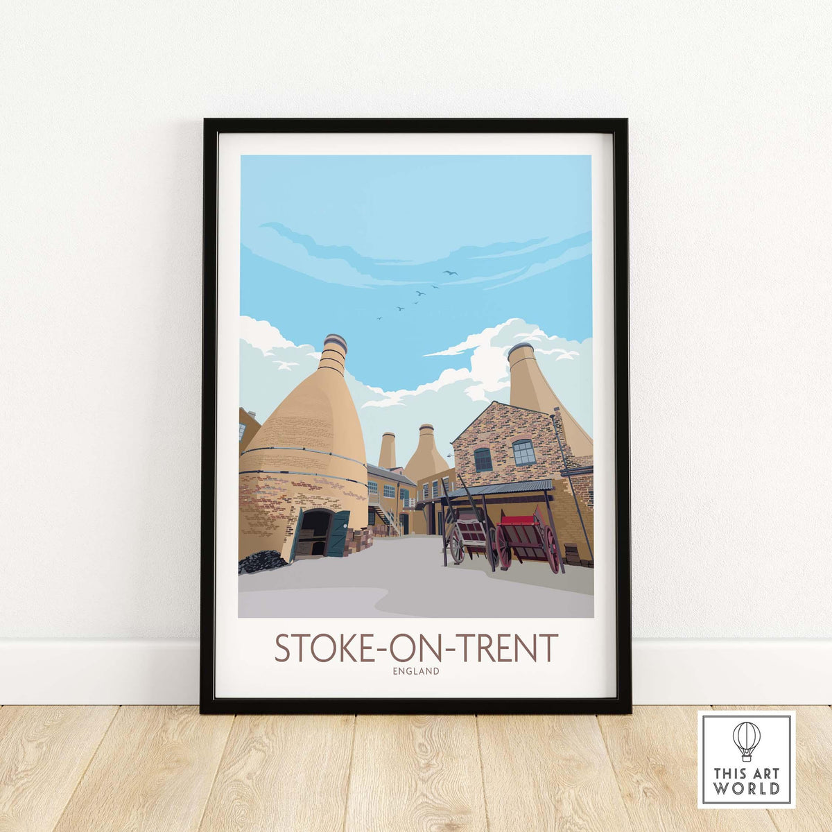Stoke on Trent Print featuring vintage-inspired artwork of iconic pottery kilns and blue sky.