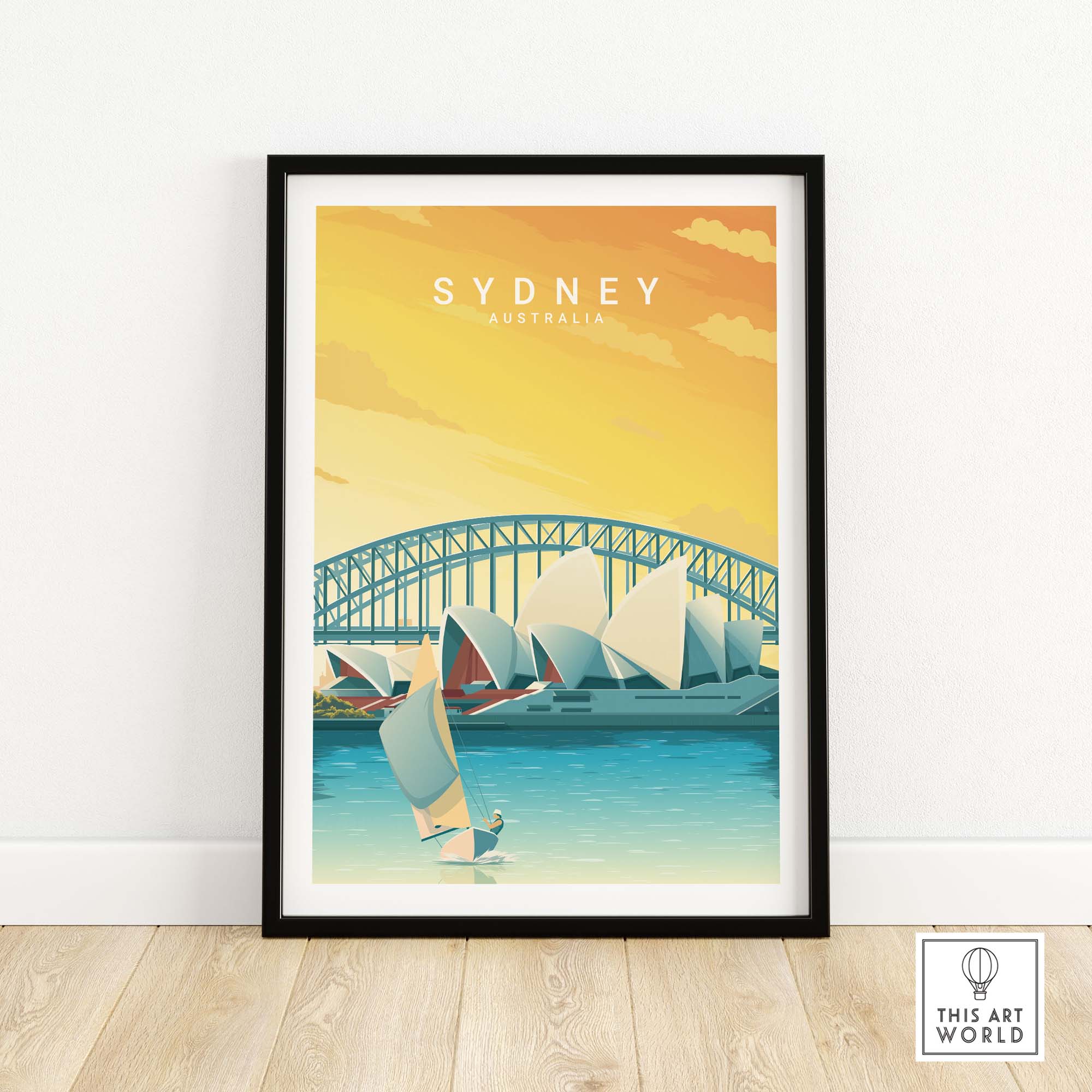 Sydney Travel Poster Print featuring iconic Sydney Harbour Bridge and sailboats in a minimalist design.
