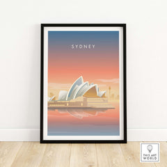 Framed Sydney Wall Art Poster featuring the iconic Sydney Opera House at sunset, perfect for home or office decor.