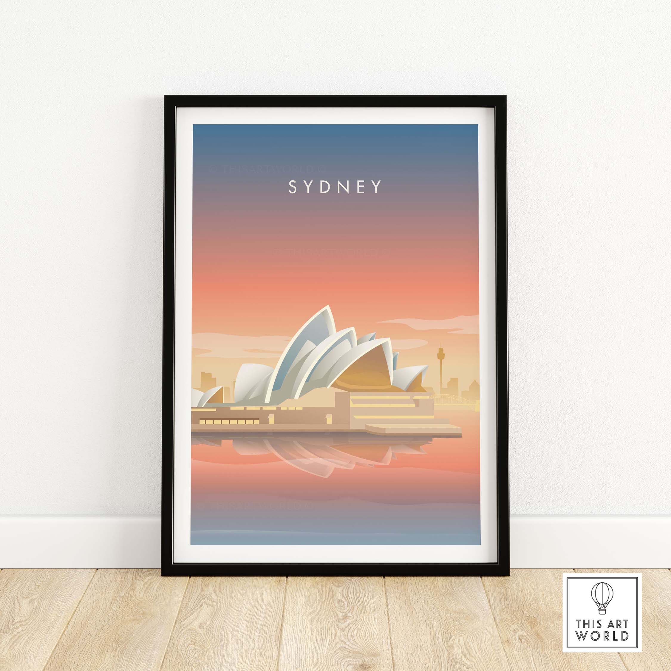 Framed Sydney Wall Art Poster featuring the iconic Sydney Opera House at sunset, perfect for home or office decor.