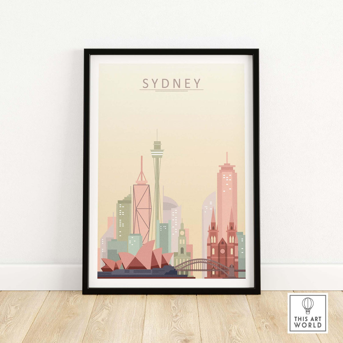 Sydney City Skyline print showcasing iconic landmarks like the Sydney Opera House and Harbour Bridge in pastel colors.