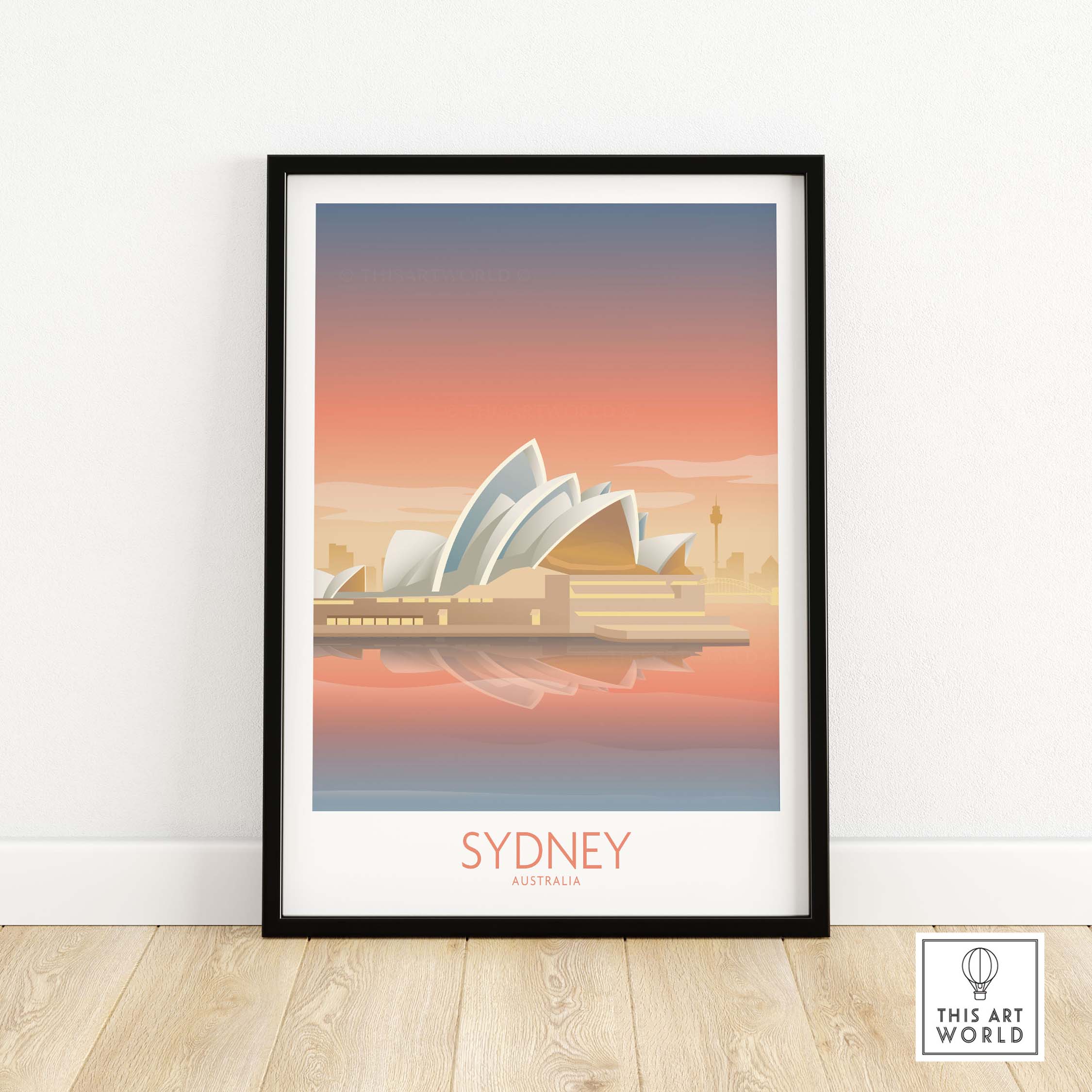 Sydney Australia wall art featuring minimalist design of the Opera House and city skyline at sunset.