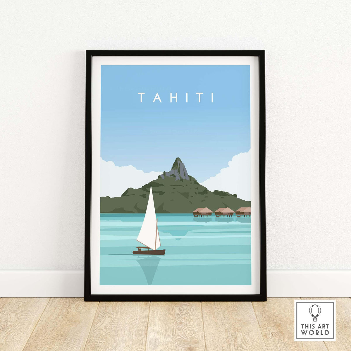 Tahiti poster travel print featuring a sailboat and mountain against a blue sky, framed wall art for home decor.