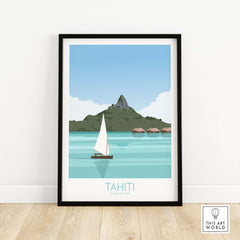 Tahiti travel poster featuring a sailboat and mountain, perfect for home or office decor. Vintage-inspired wall art.