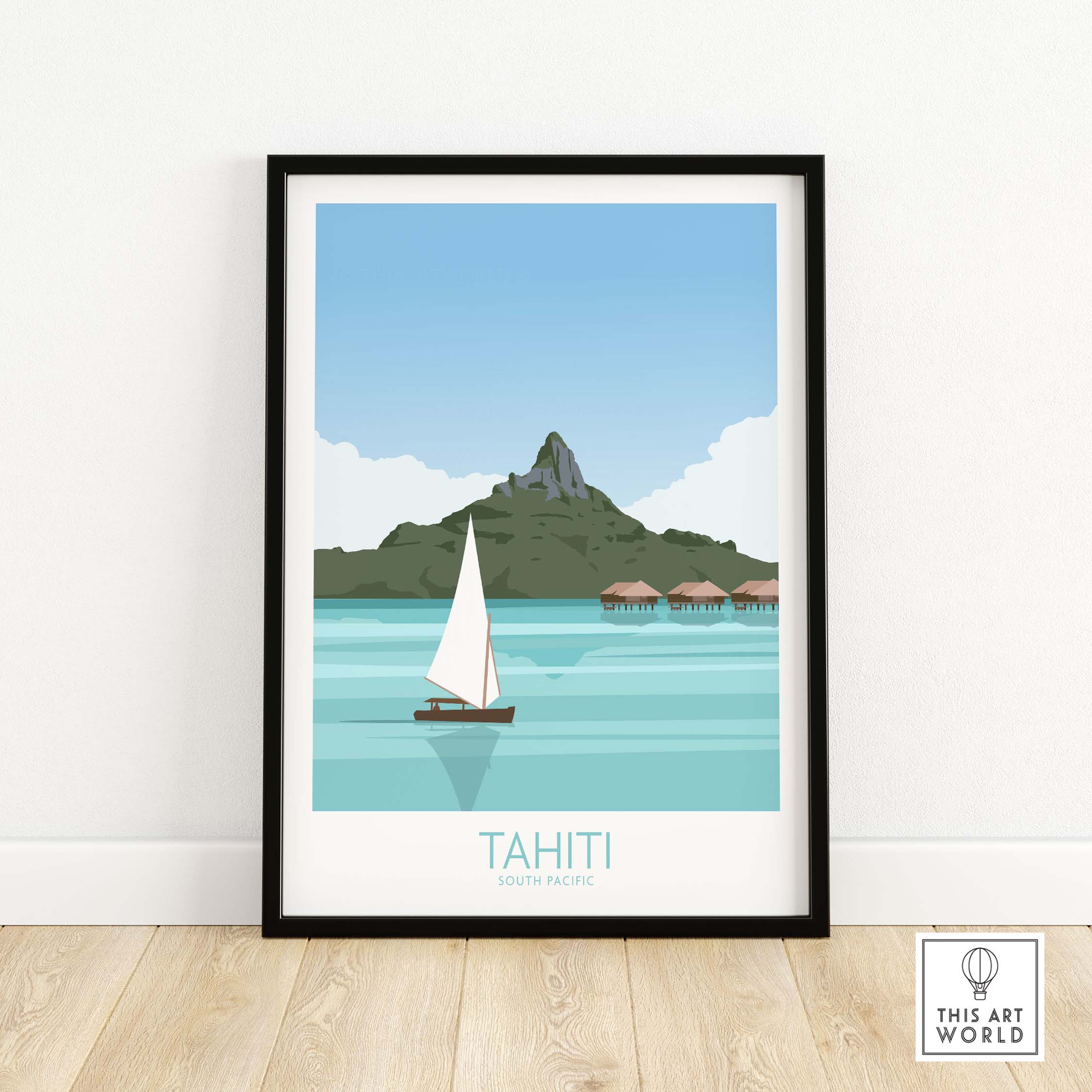 Tahiti travel poster featuring a sailboat and mountain, perfect for home or office decor. Vintage-inspired wall art.