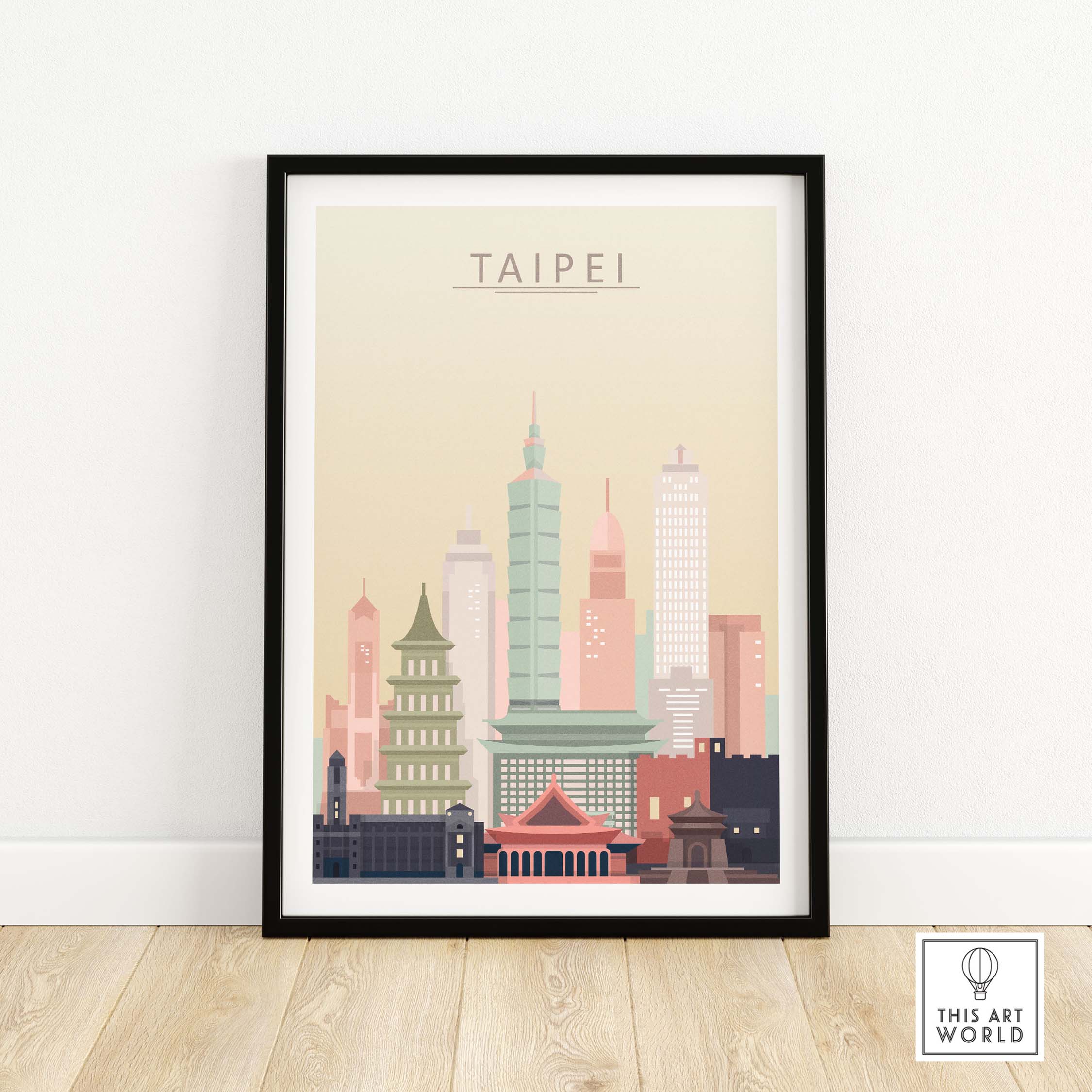 Taipei skyline wall art print in pastel tones, framed, showcasing iconic architecture of Taipei City.