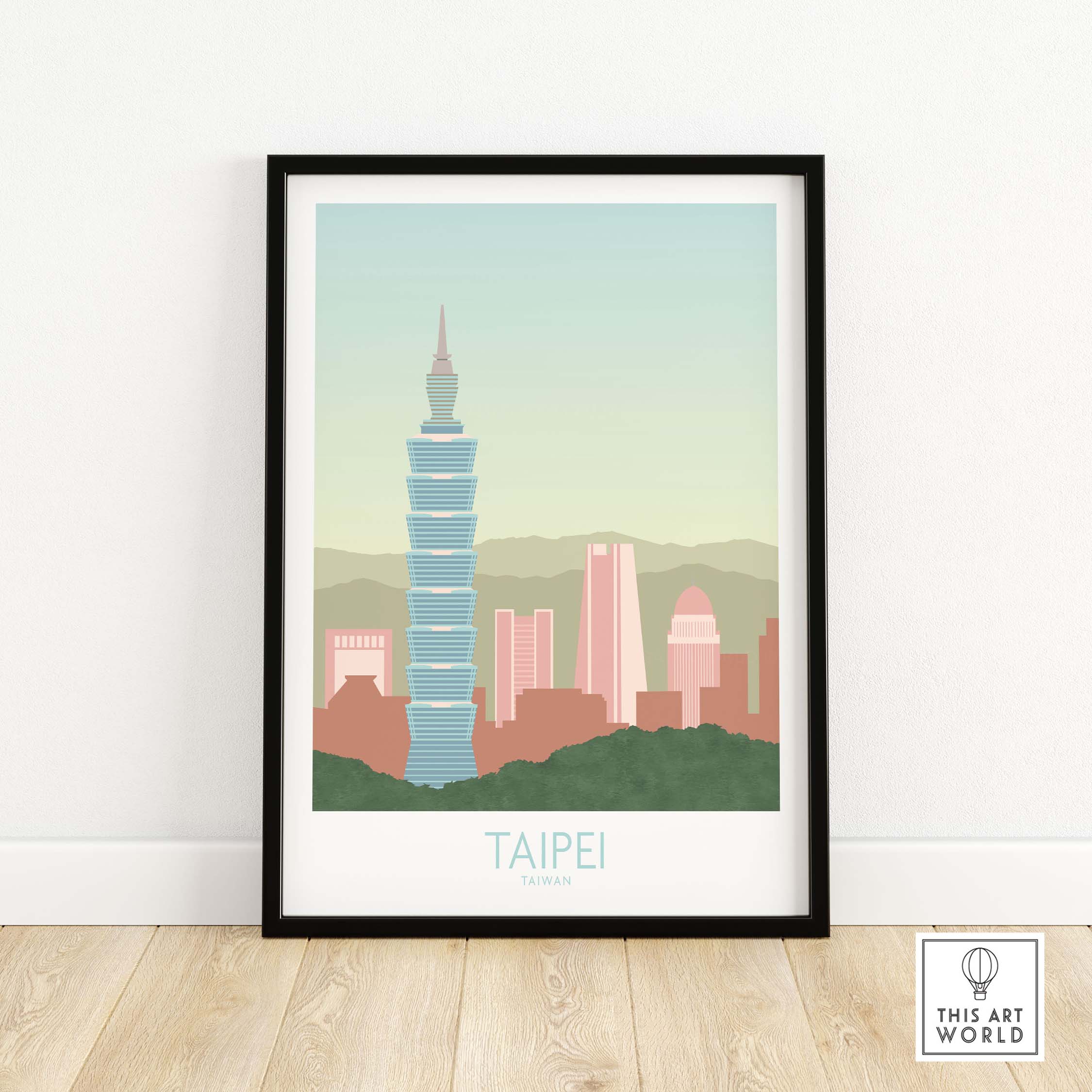 Taipei Print Taiwan Travel Poster showcasing Taipei 101 and city skyline in pastel colors, ideal for wall art decor.