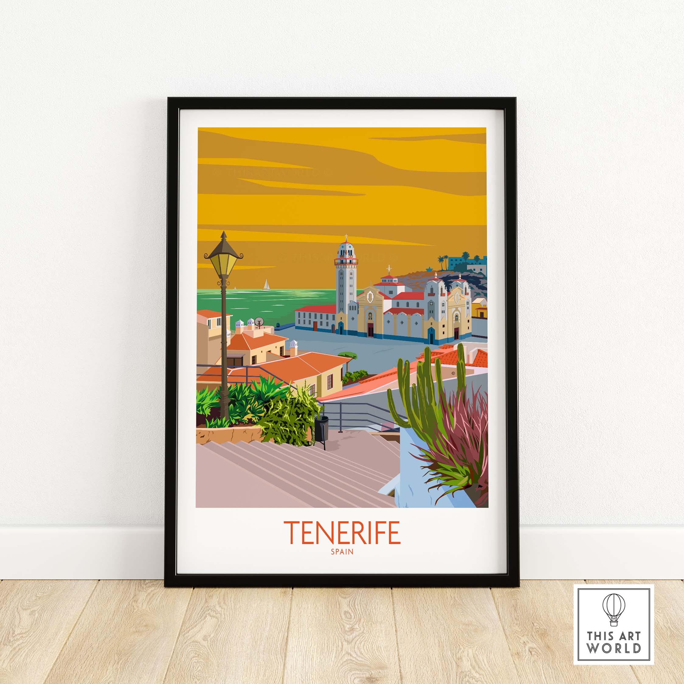 Tenerife poster print showcasing vibrant coastal scenery and architecture of Spain, framed wall art for travel enthusiasts.
