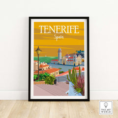Tenerife poster print wall art featuring a vintage-style illustration of Spain's coastline and architecture.