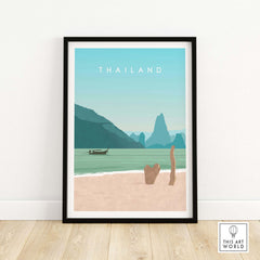 Thailand Print Wall Art Poster featuring serene beach and mountains, perfect for travel lovers and stylish home decor.