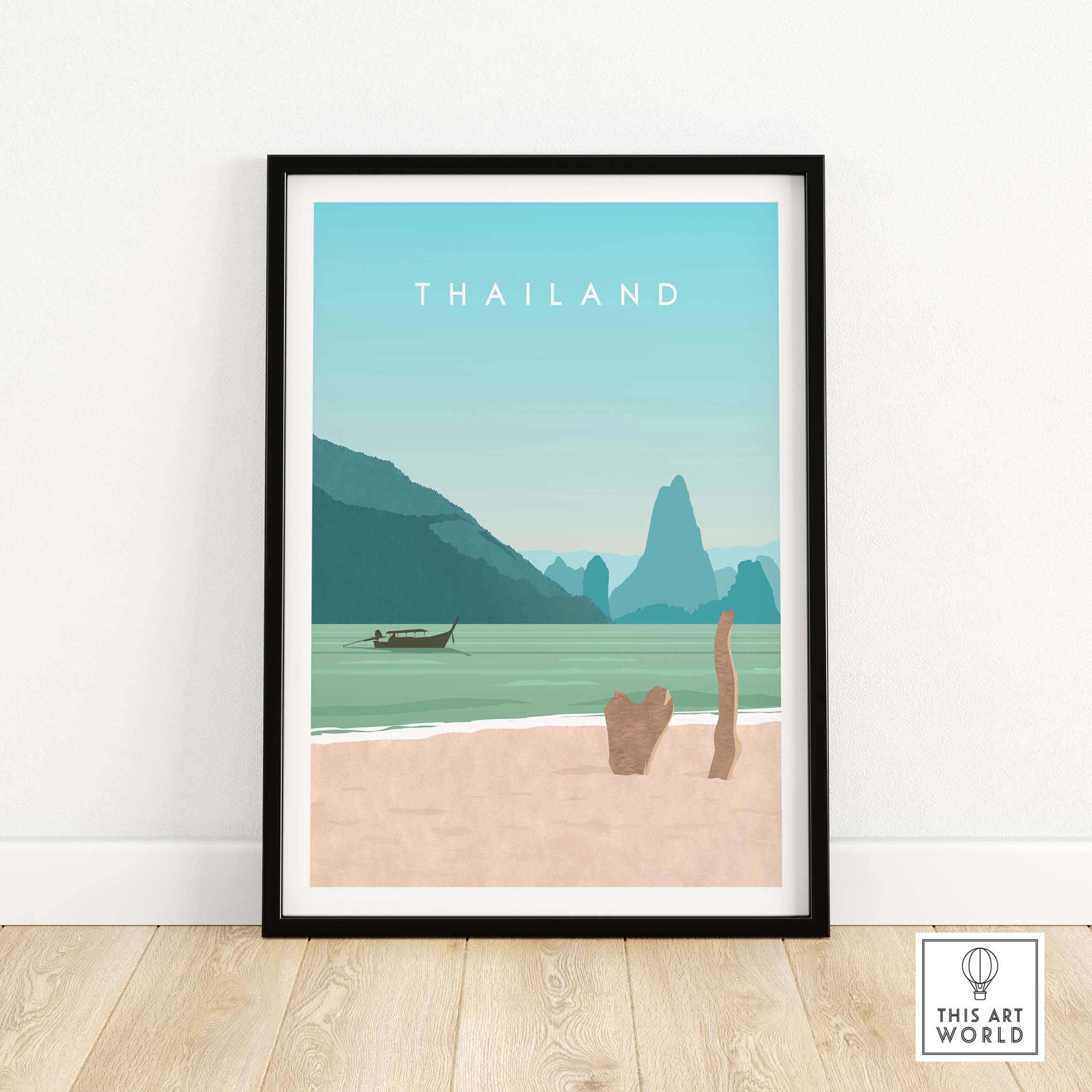 Thailand Print Wall Art Poster featuring serene beach and mountains, perfect for travel lovers and stylish home decor.