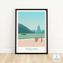 Thailand print travel poster featuring a serene beach scene and mountains, framed artwork for home decor.