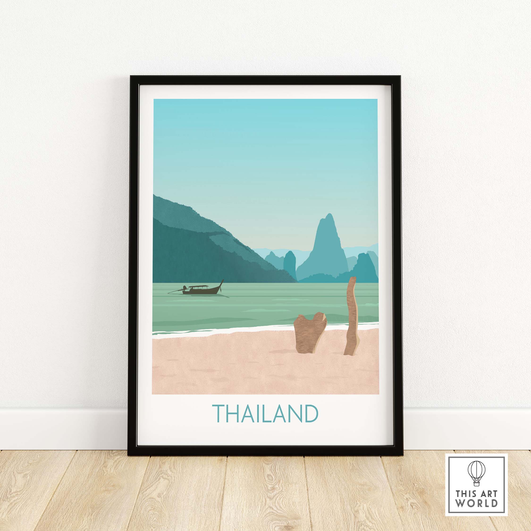 Thailand print travel poster featuring a serene beach scene and mountains, framed artwork for home decor.
