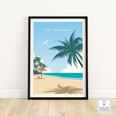 The Bahamas travel poster print featuring a serene beach scene with palm trees, perfect for home or office decor.