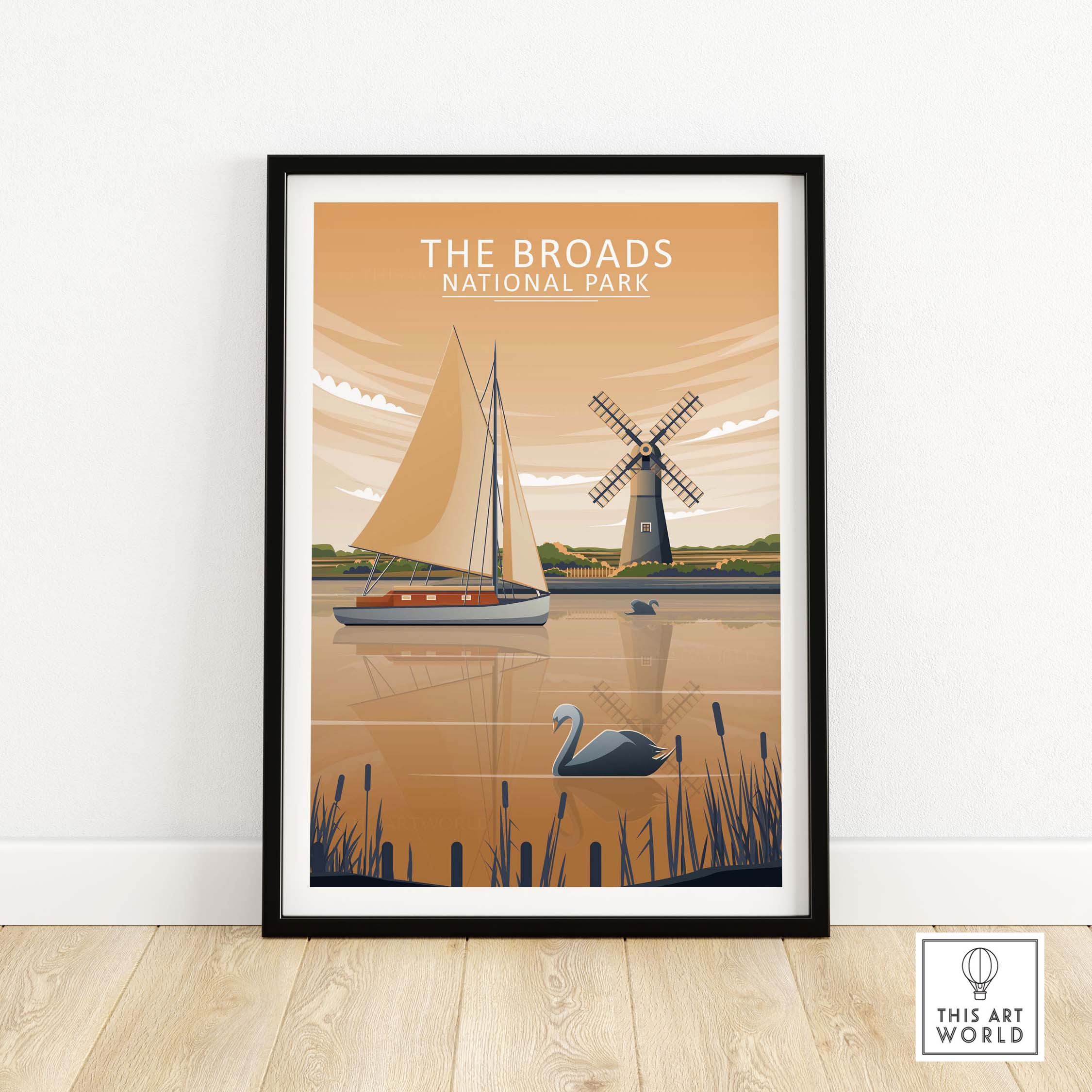 The Broads National Park poster featuring a sailboat, windmill, and swan in a minimalist style.