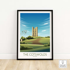 The Cotswolds Print showcasing a vintage-style travel poster of scenic landscapes and landmarks in England.