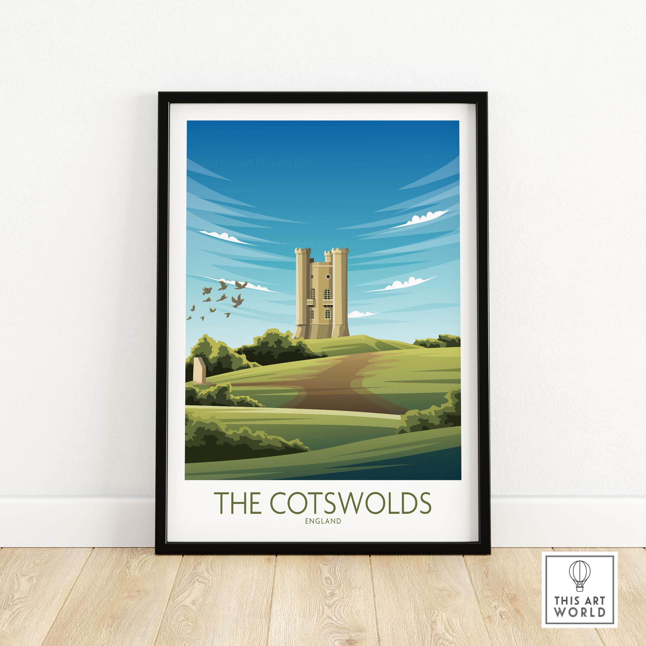 The Cotswolds Print showcasing a vintage-style travel poster of scenic landscapes and landmarks in England.
