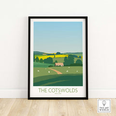 The Cotswolds travel poster featuring lush green hills and a tranquil landscape, perfect for home or office decor.
