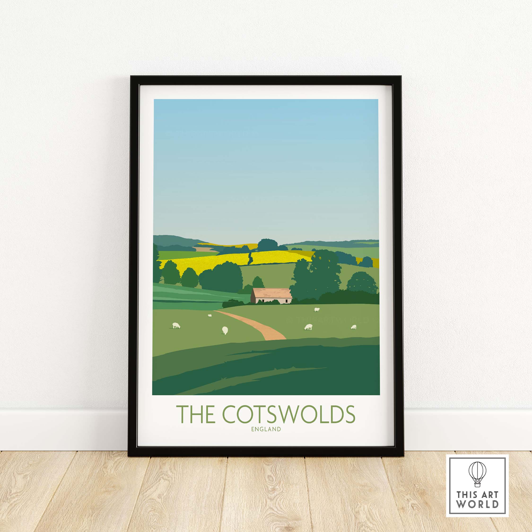 The Cotswolds travel poster featuring lush green hills and a tranquil landscape, perfect for home or office decor.