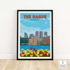 Framed The Hague Netherlands wall art featuring colorful tulips and iconic architecture in a minimalist style.