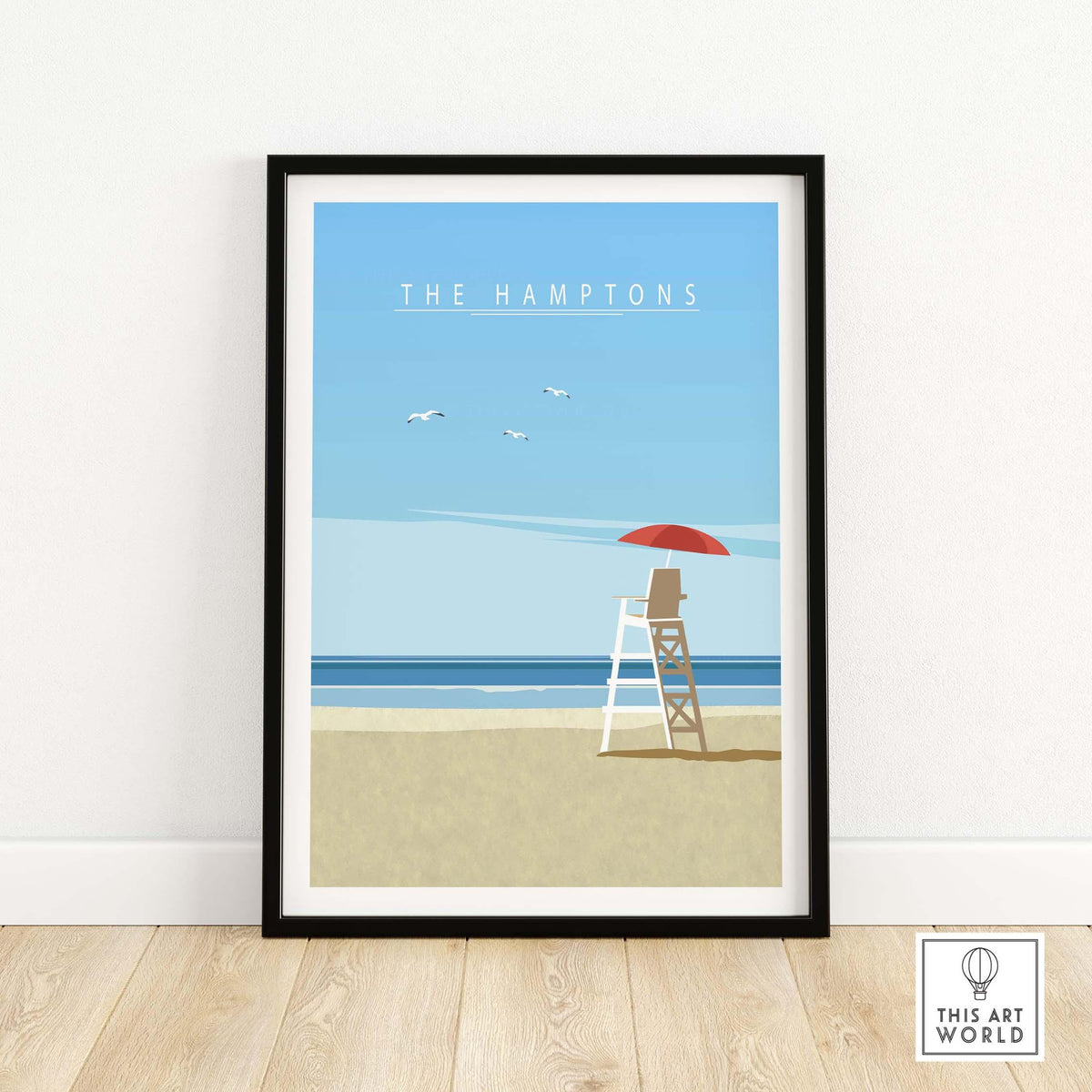 Vintage minimalist travel poster print of The Hamptons featuring a lifeguard stand and beach scene.