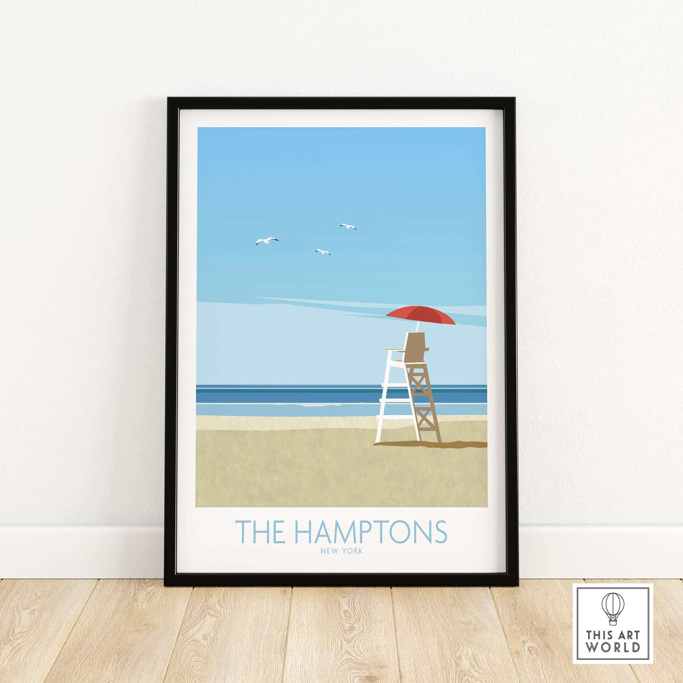 Minimalist The Hamptons wall art print featuring a lifeguard chair and beach scene, perfect for home decor in New York.