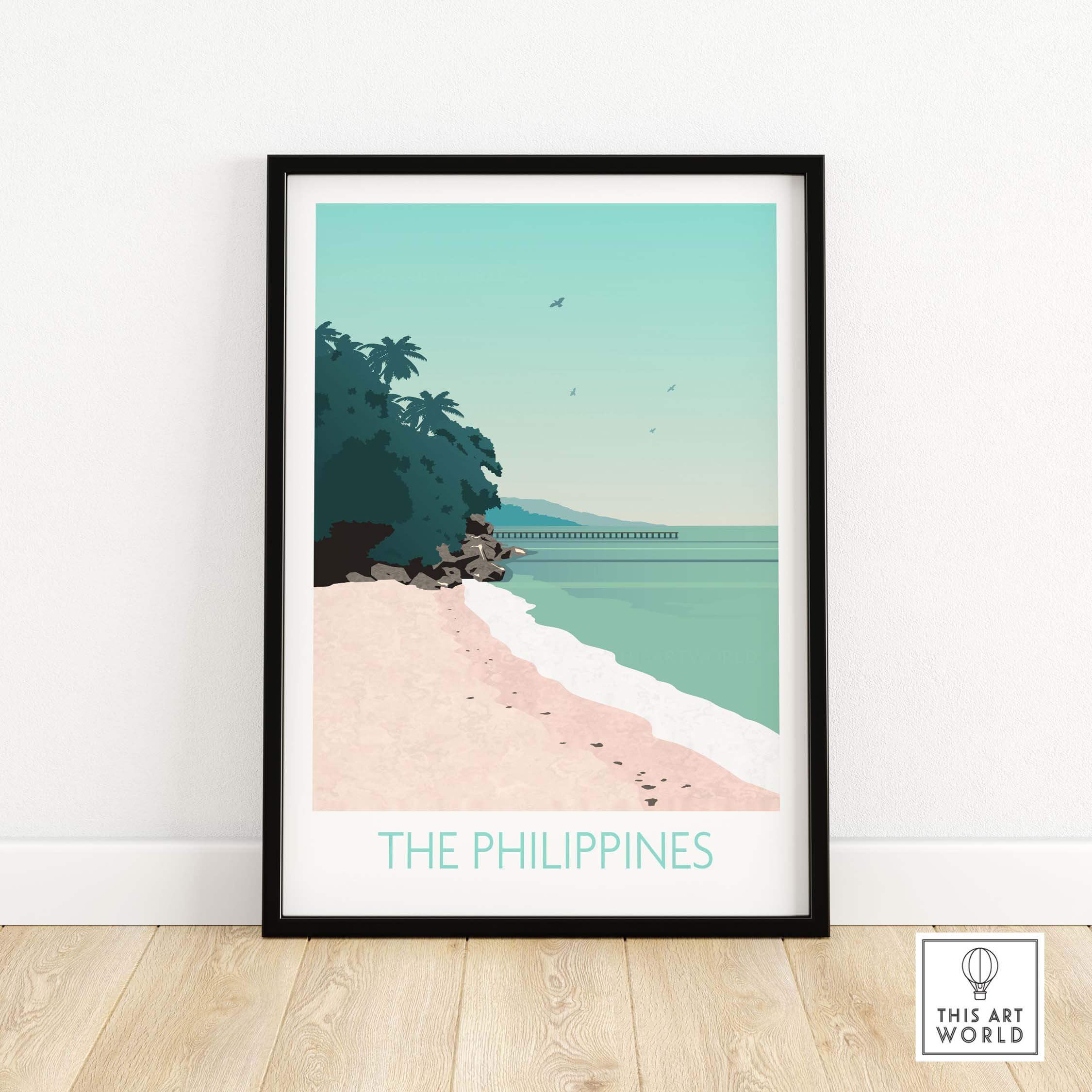 Philippines travel poster featuring a serene beach scene with palm trees and calm waters, framed art for home decor.