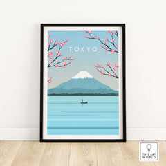 Tokyo print wall art poster featuring Mount Fuji, cherry blossoms, and a serene waterscape, framed for stylish decor.