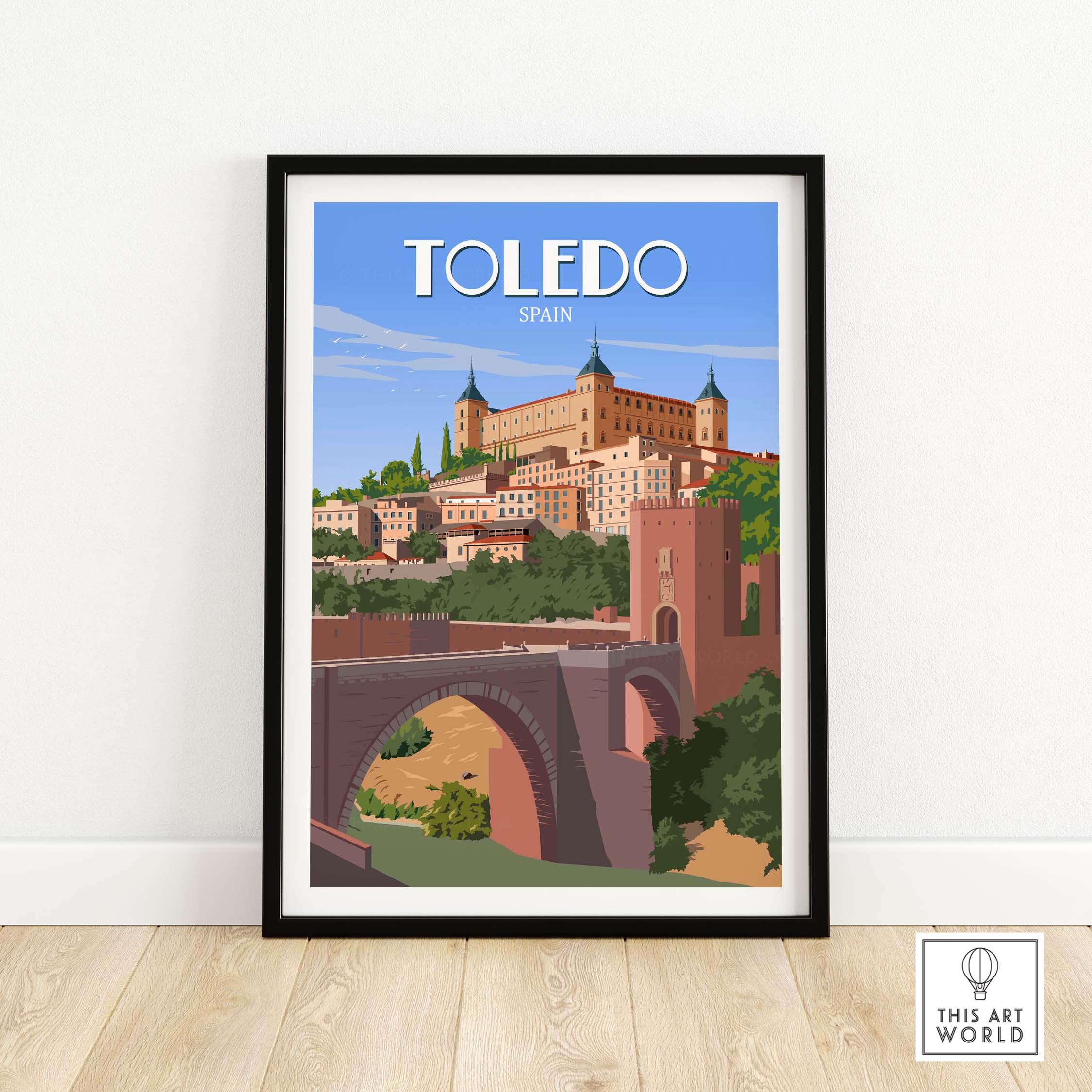 Toledo Spain poster art print featuring a minimalist design of the city skyline and historic bridge.