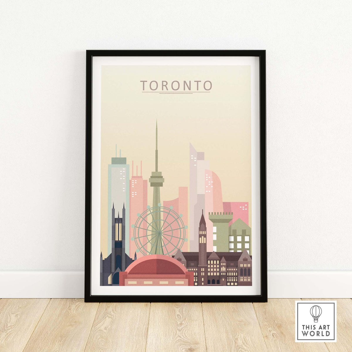Toronto skyline print showcasing iconic buildings in warm pastel tones, framed wall art for home or office decor.