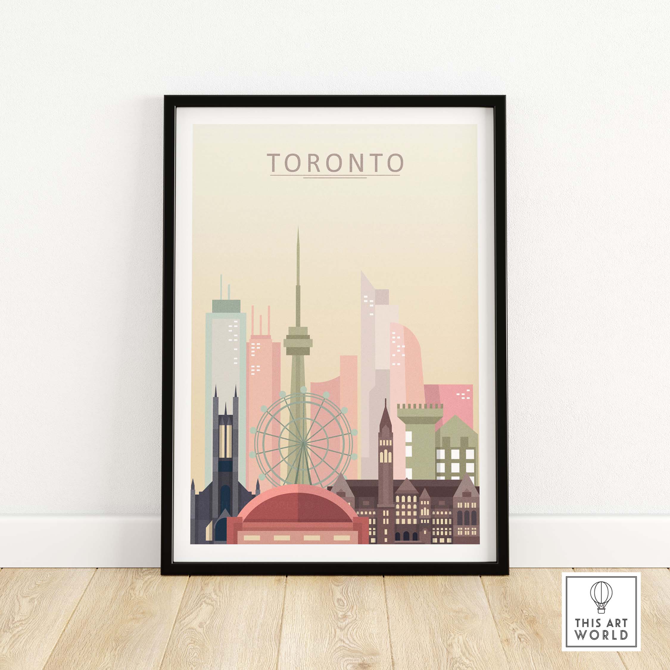 Toronto skyline print showcasing iconic buildings in warm pastel tones, framed wall art for home or office decor.