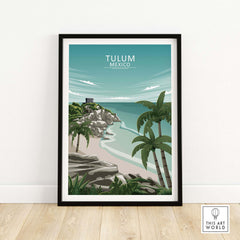 Tulum Wall Art Mexico featuring minimalist coastal landscape and palm trees, framed artwork for stylish home decor.
