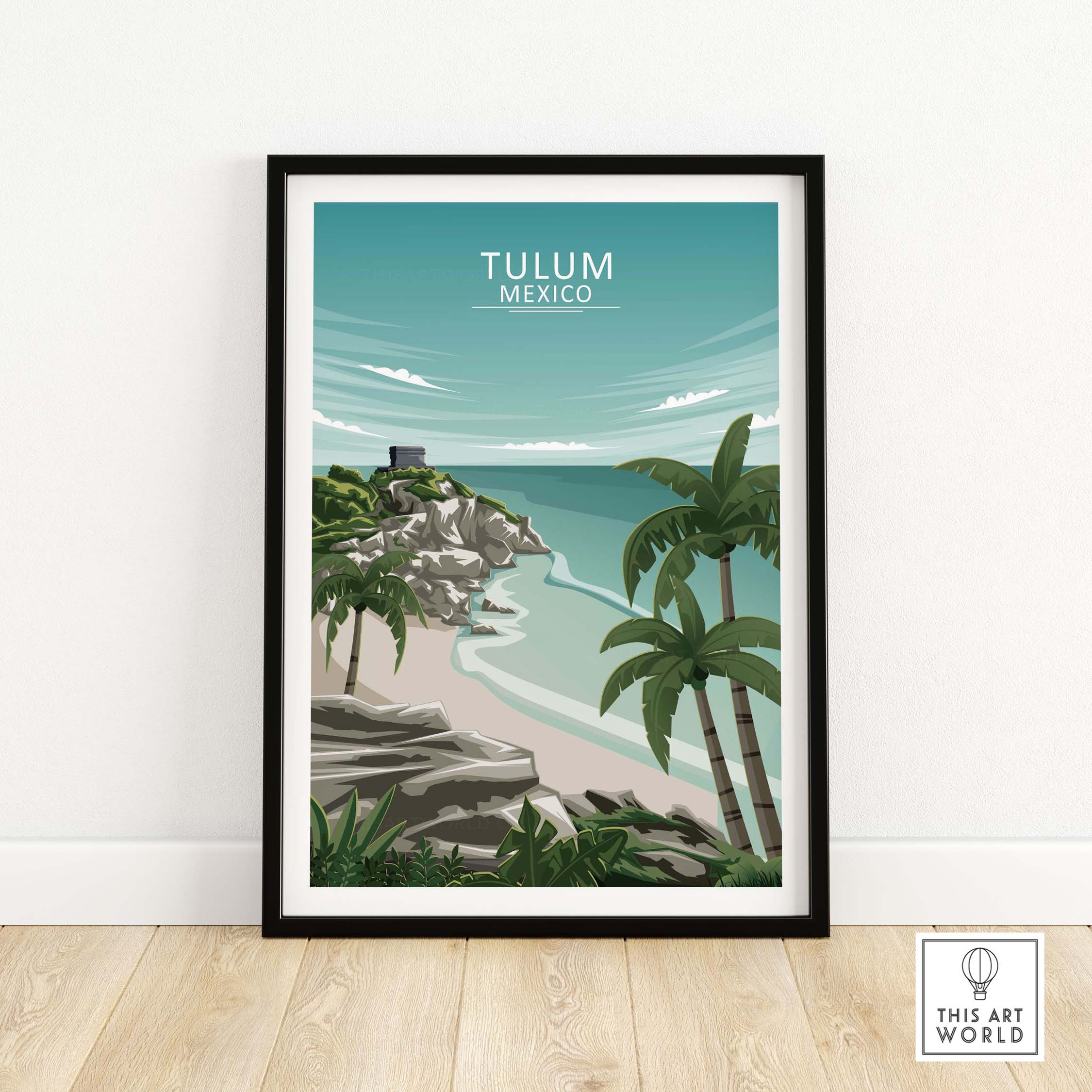 Tulum Wall Art Mexico featuring minimalist coastal landscape and palm trees, framed artwork for stylish home decor.