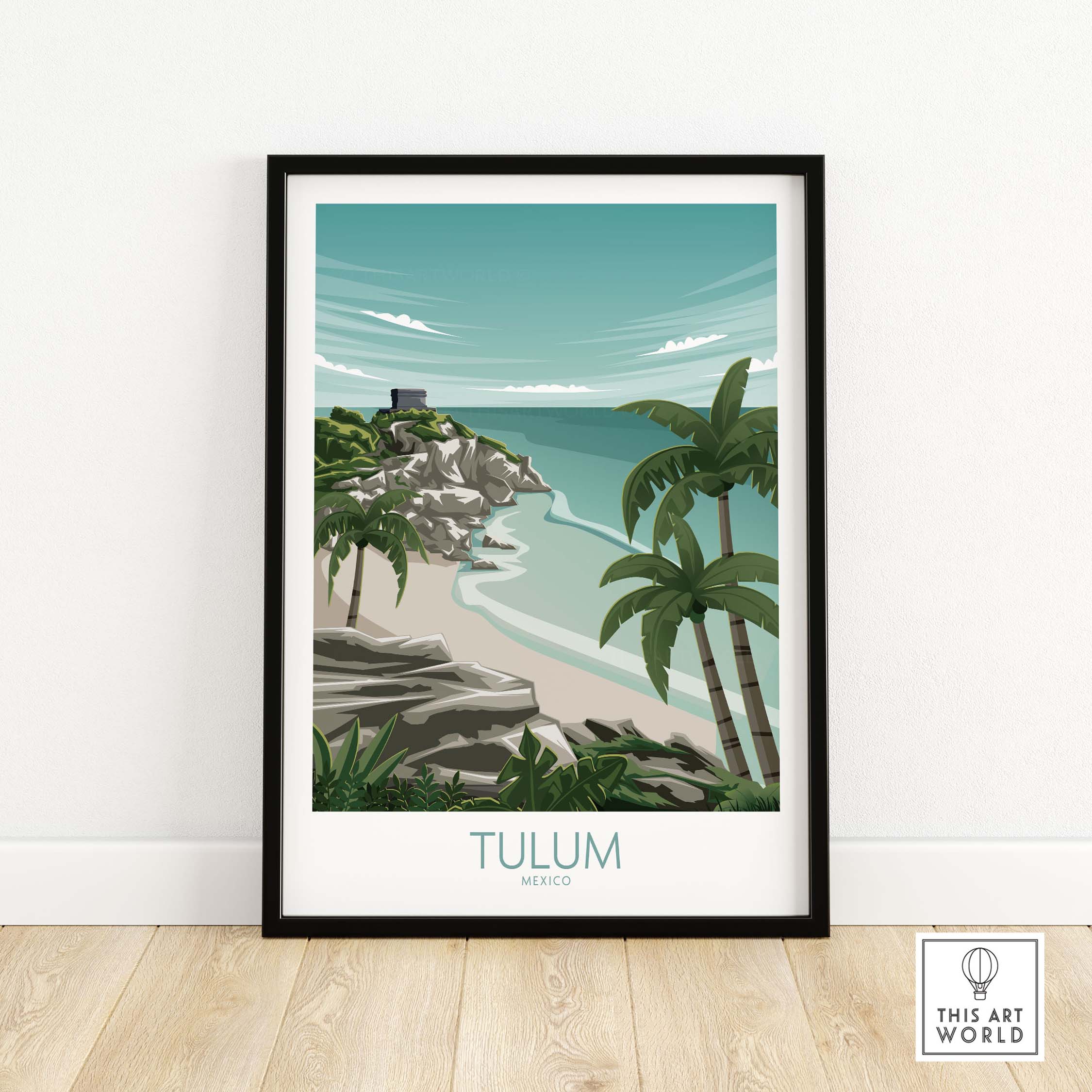 Tulum Art Print Mexico Travel Poster featuring beach, palm trees, and vintage design for home decor.